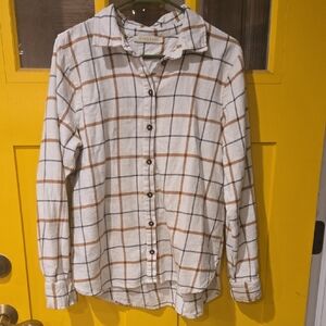 DownEast White and Brown Plaid Button-Up Top